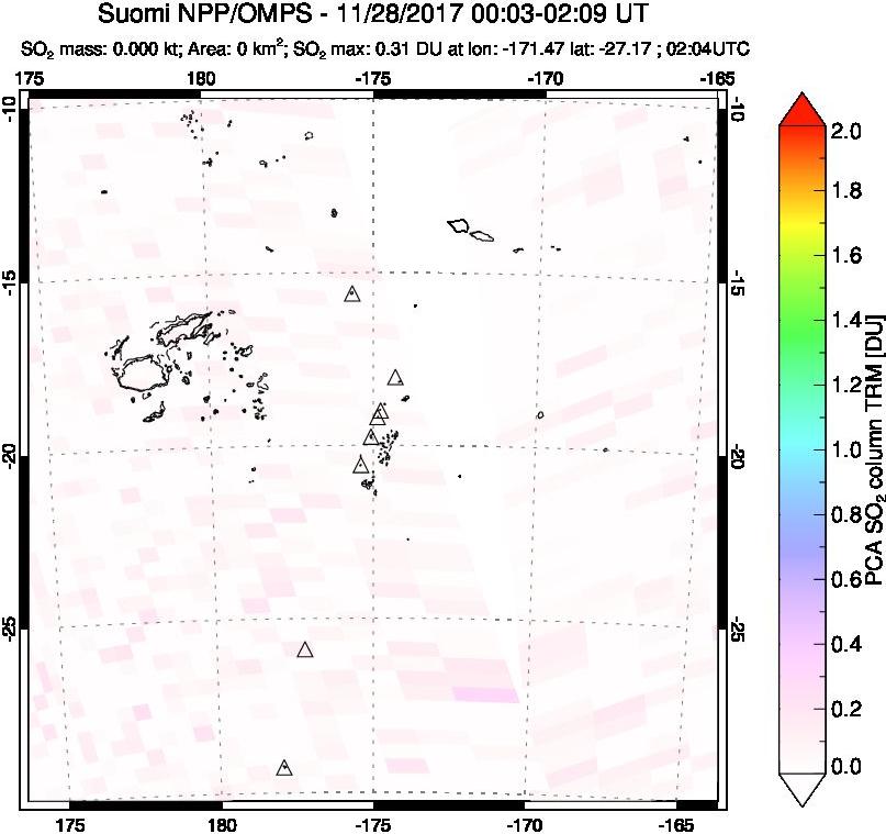 A sulfur dioxide image over Tonga, South Pacific on Nov 28, 2017.