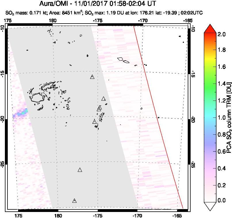 A sulfur dioxide image over Tonga, South Pacific on Nov 01, 2017.