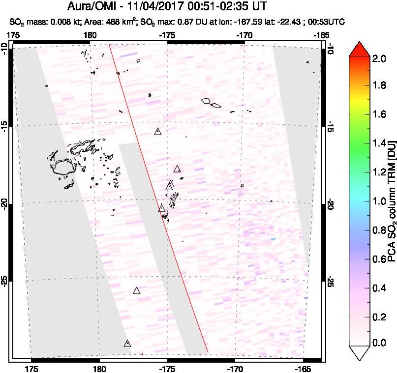 A sulfur dioxide image over Tonga, South Pacific on Nov 04, 2017.