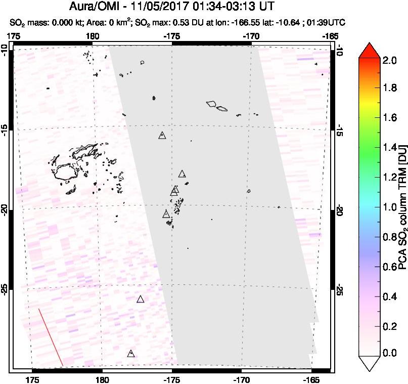 A sulfur dioxide image over Tonga, South Pacific on Nov 05, 2017.