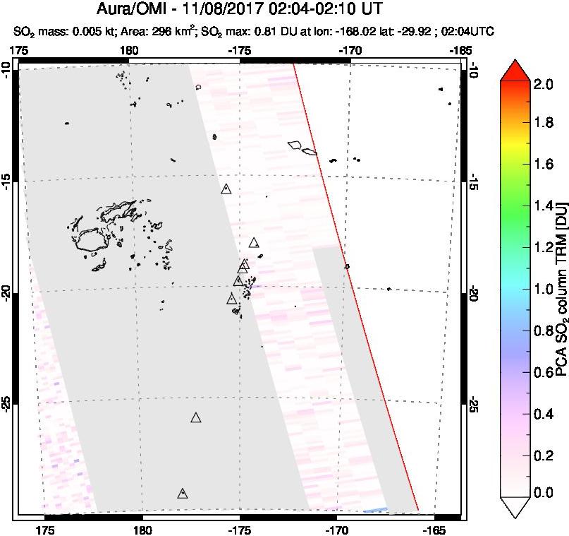 A sulfur dioxide image over Tonga, South Pacific on Nov 08, 2017.