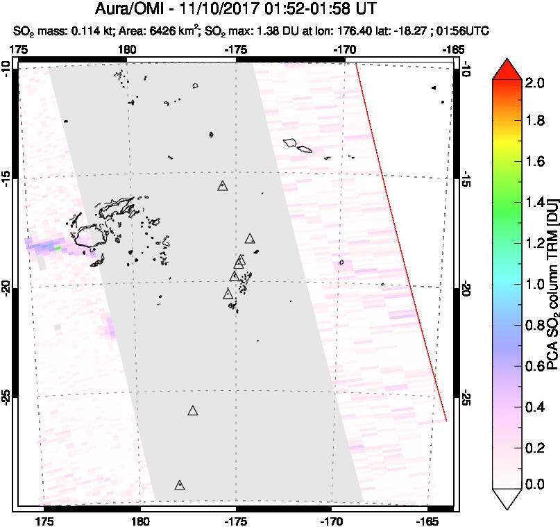 A sulfur dioxide image over Tonga, South Pacific on Nov 10, 2017.