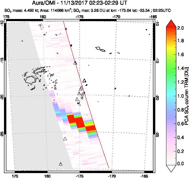 A sulfur dioxide image over Tonga, South Pacific on Nov 13, 2017.