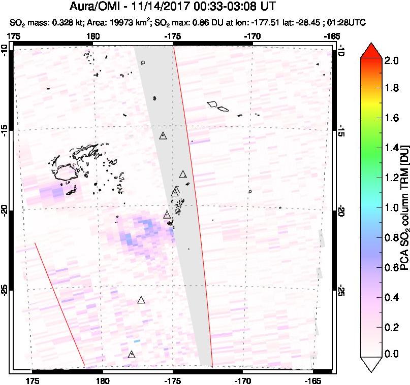 A sulfur dioxide image over Tonga, South Pacific on Nov 14, 2017.