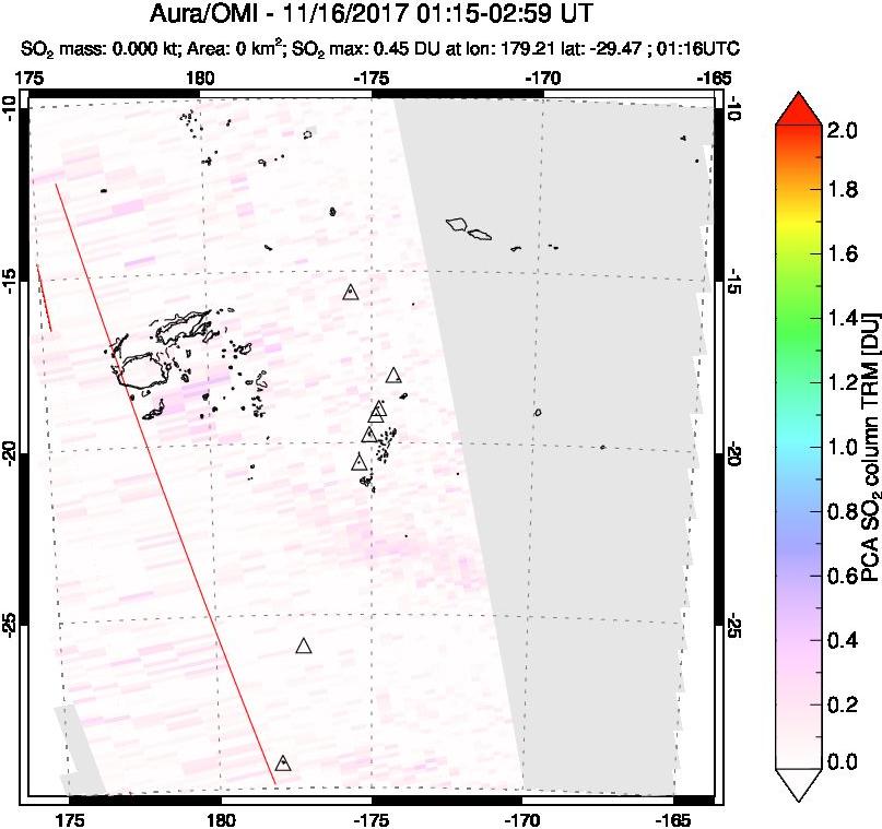 A sulfur dioxide image over Tonga, South Pacific on Nov 16, 2017.