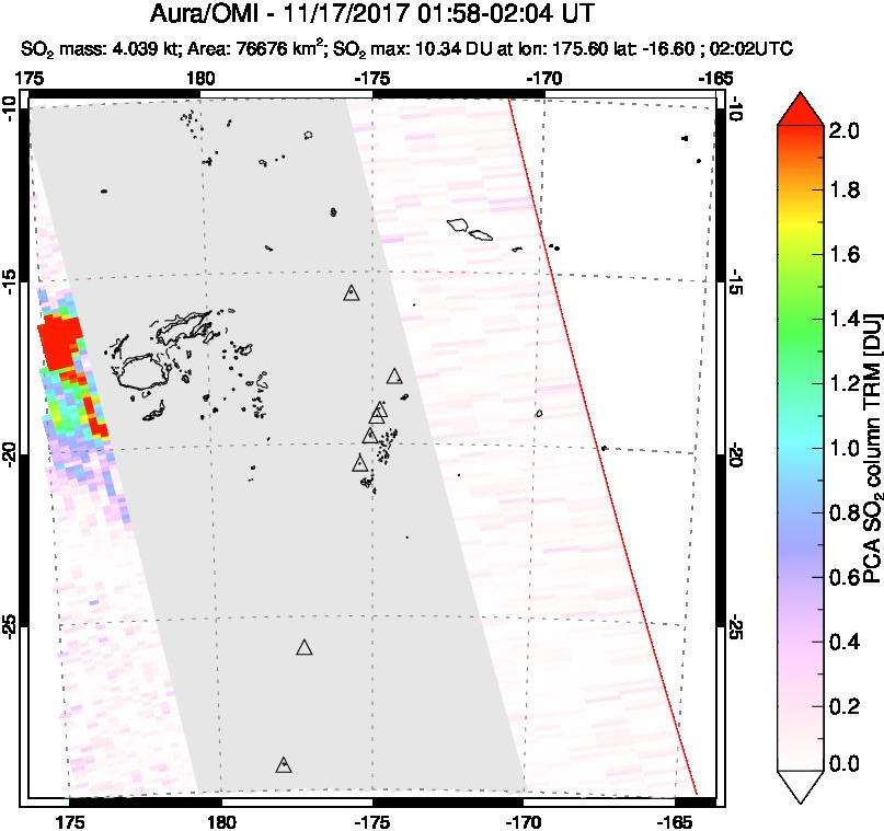A sulfur dioxide image over Tonga, South Pacific on Nov 17, 2017.
