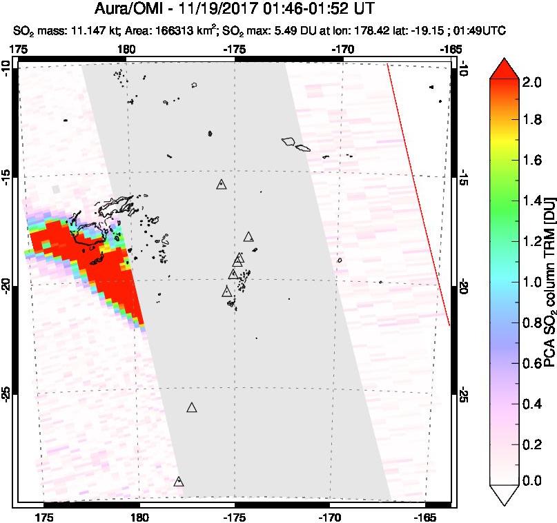 A sulfur dioxide image over Tonga, South Pacific on Nov 19, 2017.