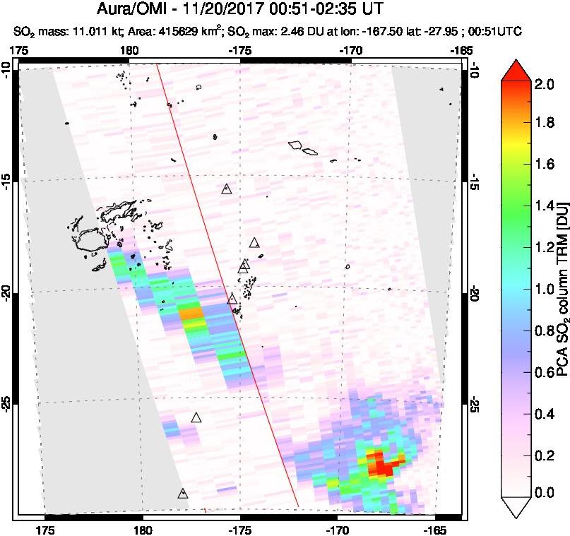 A sulfur dioxide image over Tonga, South Pacific on Nov 20, 2017.