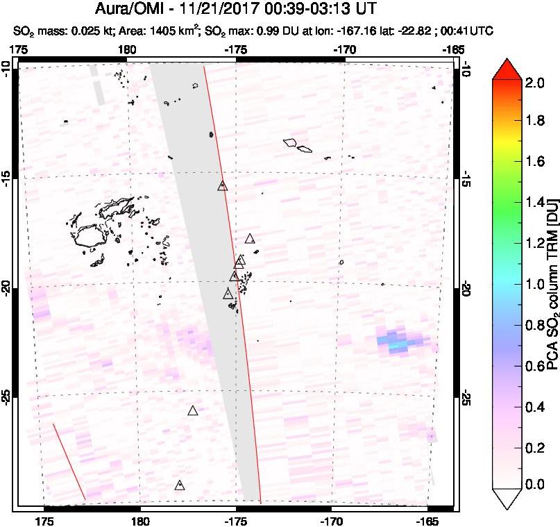 A sulfur dioxide image over Tonga, South Pacific on Nov 21, 2017.