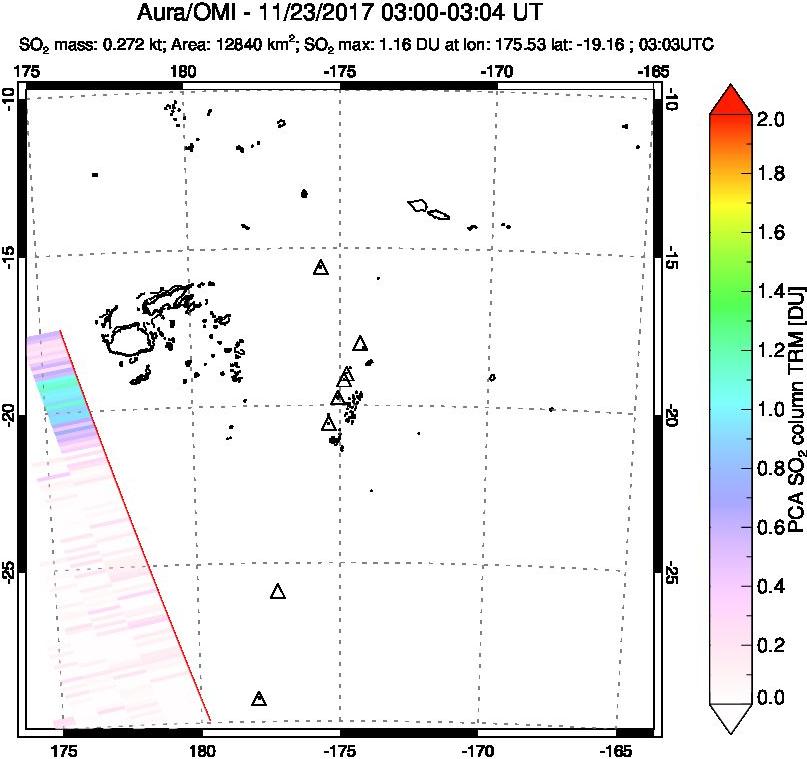 A sulfur dioxide image over Tonga, South Pacific on Nov 23, 2017.