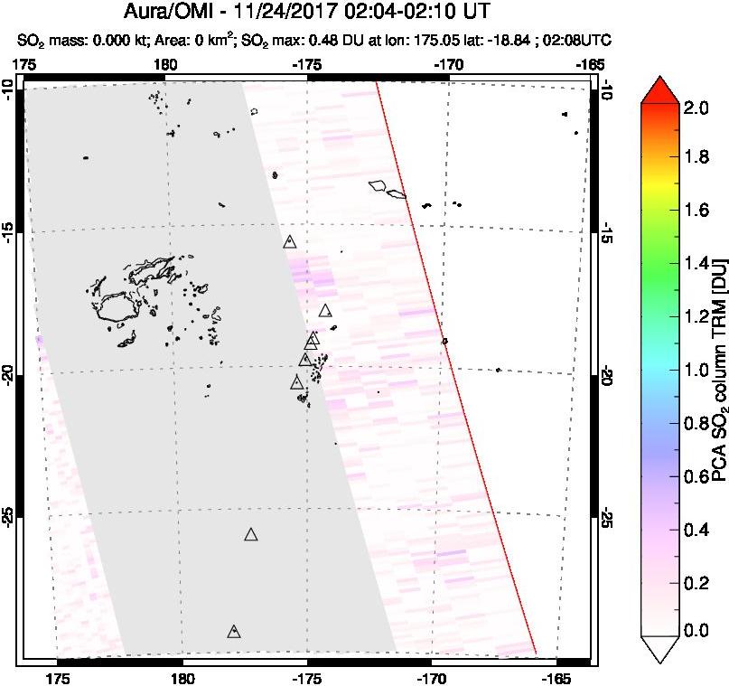 A sulfur dioxide image over Tonga, South Pacific on Nov 24, 2017.