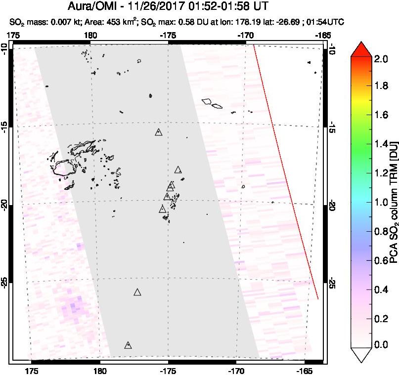 A sulfur dioxide image over Tonga, South Pacific on Nov 26, 2017.