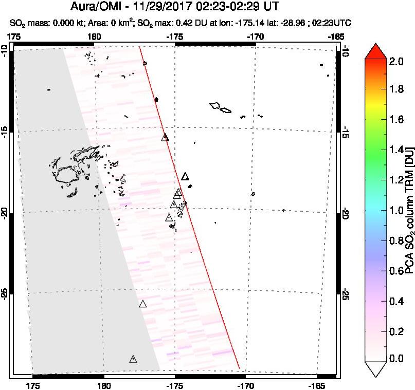 A sulfur dioxide image over Tonga, South Pacific on Nov 29, 2017.
