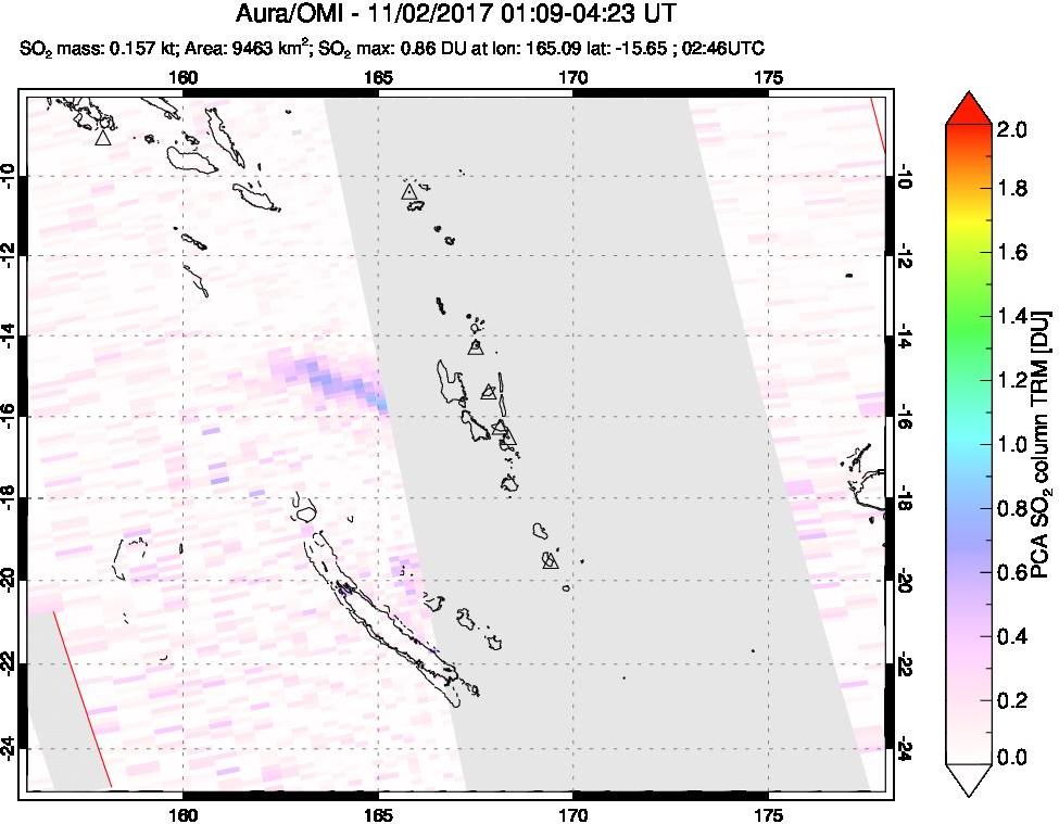 A sulfur dioxide image over Vanuatu, South Pacific on Nov 02, 2017.