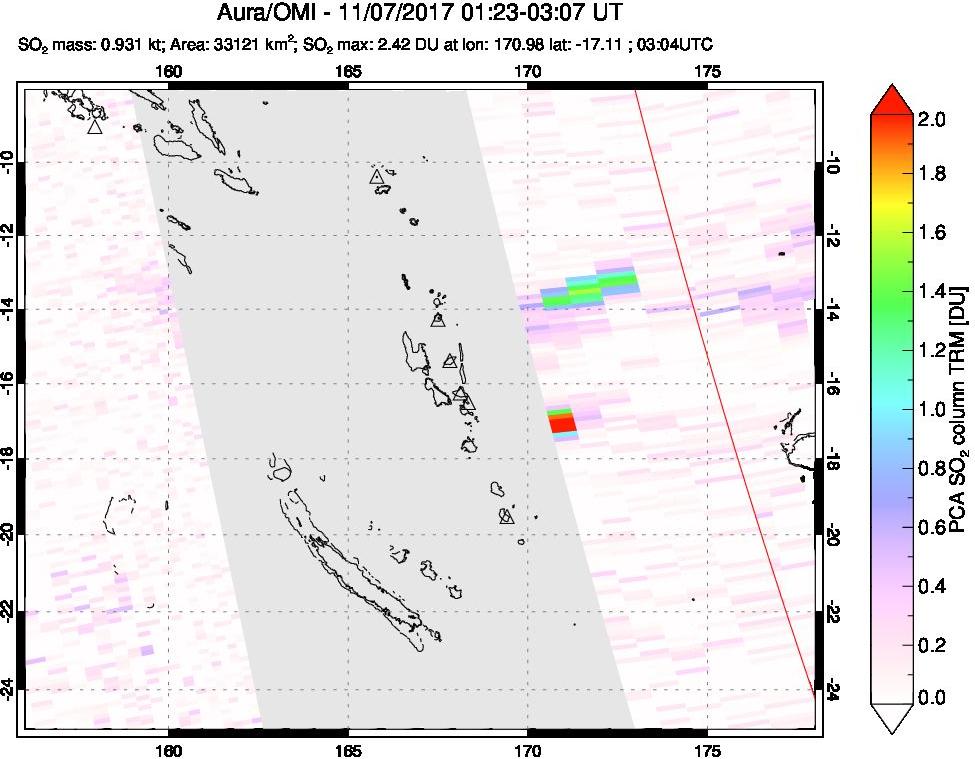A sulfur dioxide image over Vanuatu, South Pacific on Nov 07, 2017.