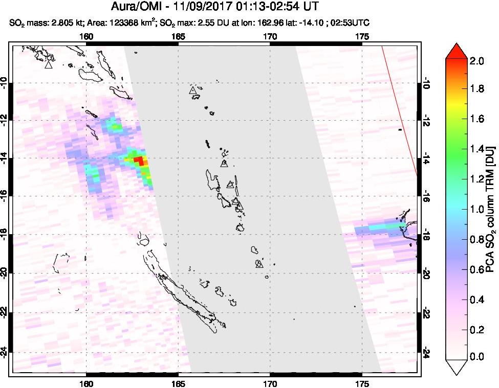 A sulfur dioxide image over Vanuatu, South Pacific on Nov 09, 2017.