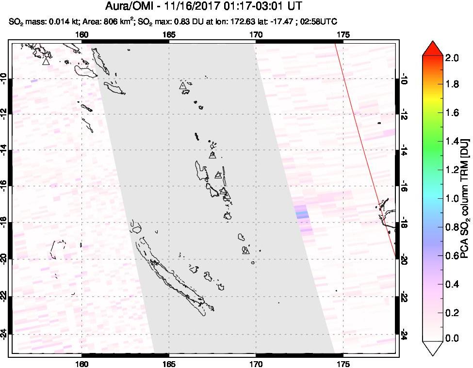 A sulfur dioxide image over Vanuatu, South Pacific on Nov 16, 2017.