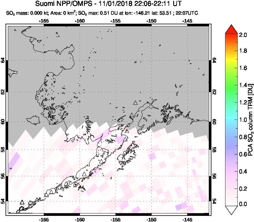 A sulfur dioxide image over Alaska, USA on Nov 01, 2018.
