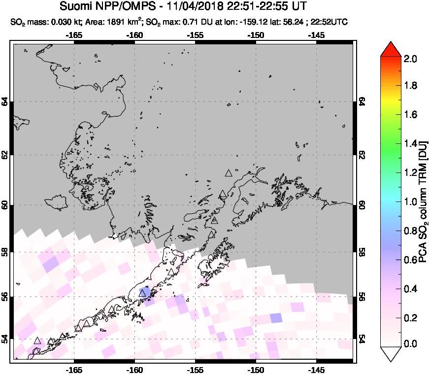 A sulfur dioxide image over Alaska, USA on Nov 04, 2018.