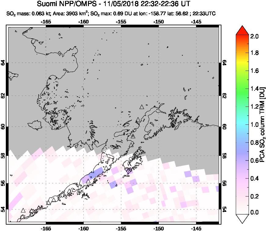 A sulfur dioxide image over Alaska, USA on Nov 05, 2018.
