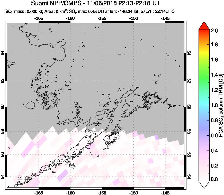 A sulfur dioxide image over Alaska, USA on Nov 06, 2018.