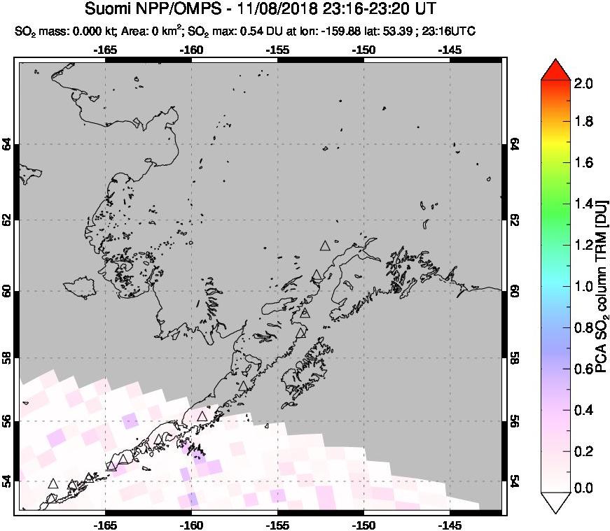 A sulfur dioxide image over Alaska, USA on Nov 08, 2018.