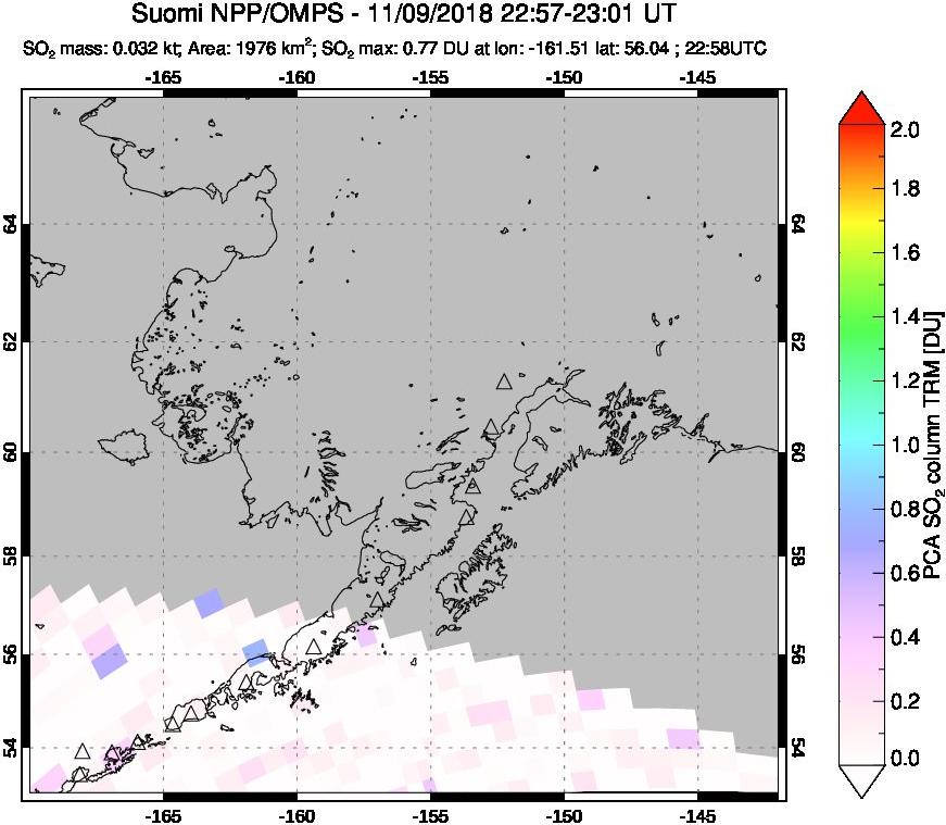 A sulfur dioxide image over Alaska, USA on Nov 09, 2018.