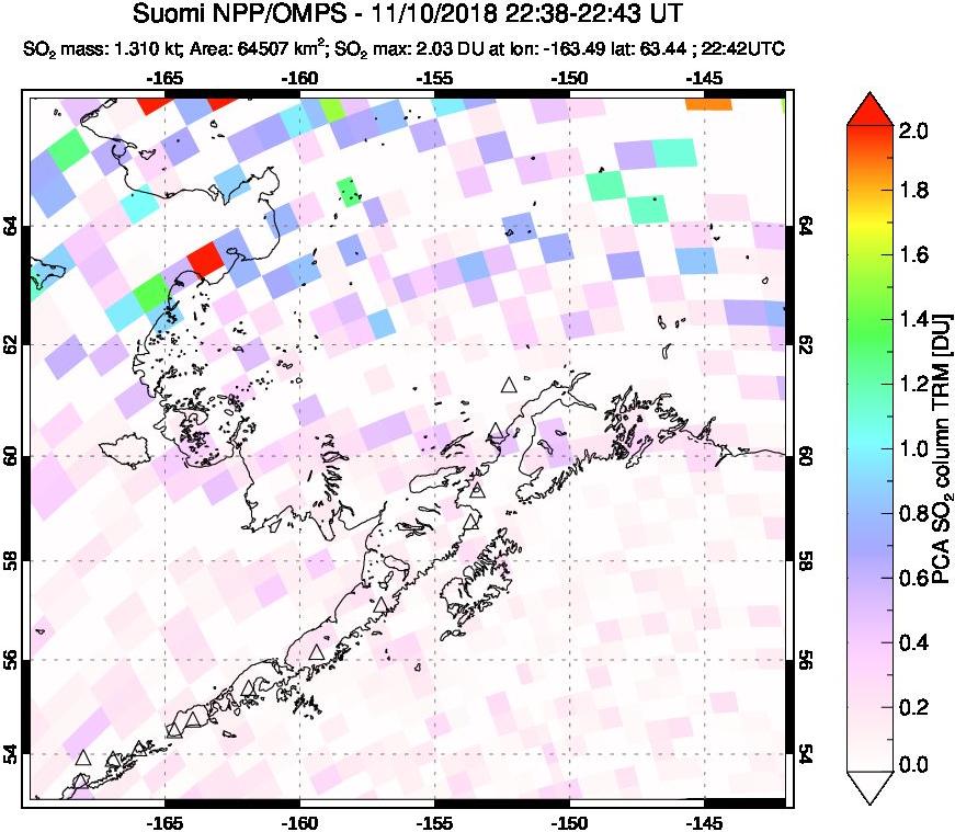 A sulfur dioxide image over Alaska, USA on Nov 10, 2018.