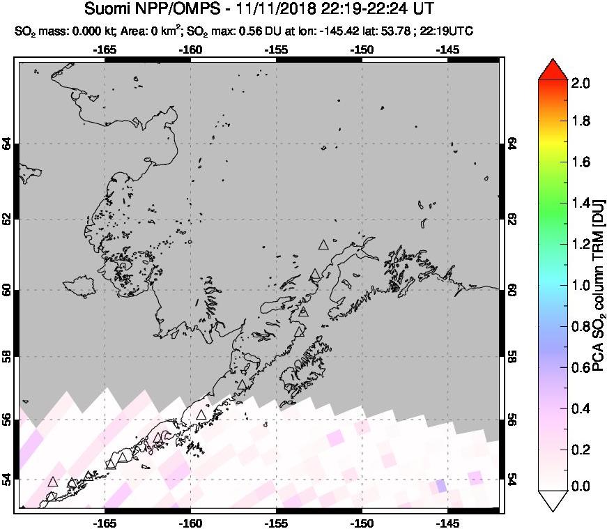 A sulfur dioxide image over Alaska, USA on Nov 11, 2018.
