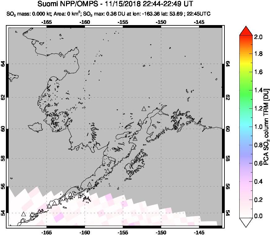 A sulfur dioxide image over Alaska, USA on Nov 15, 2018.