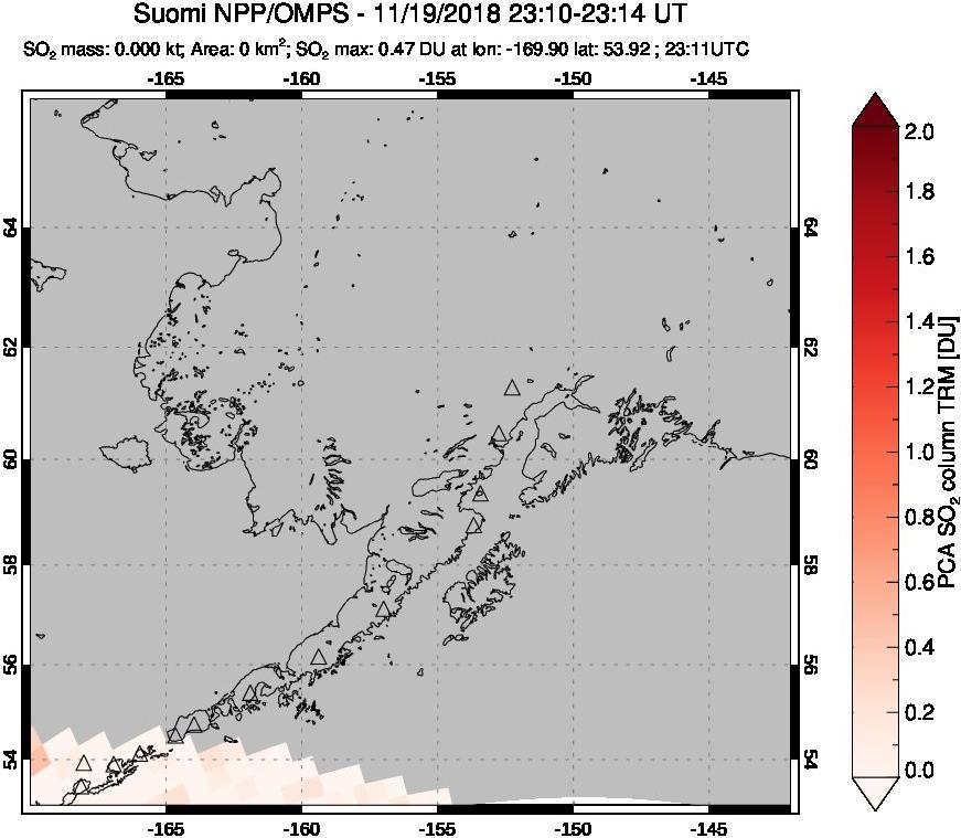 A sulfur dioxide image over Alaska, USA on Nov 19, 2018.