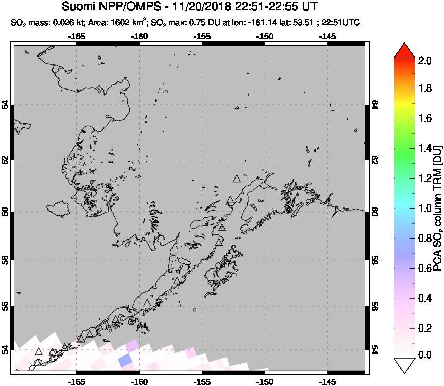 A sulfur dioxide image over Alaska, USA on Nov 20, 2018.