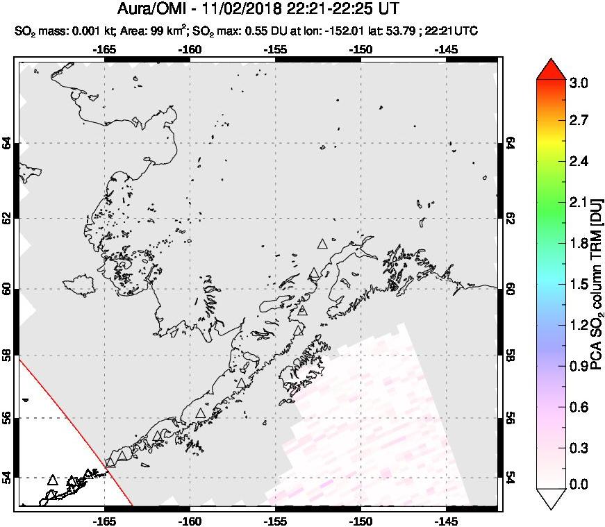 A sulfur dioxide image over Alaska, USA on Nov 02, 2018.
