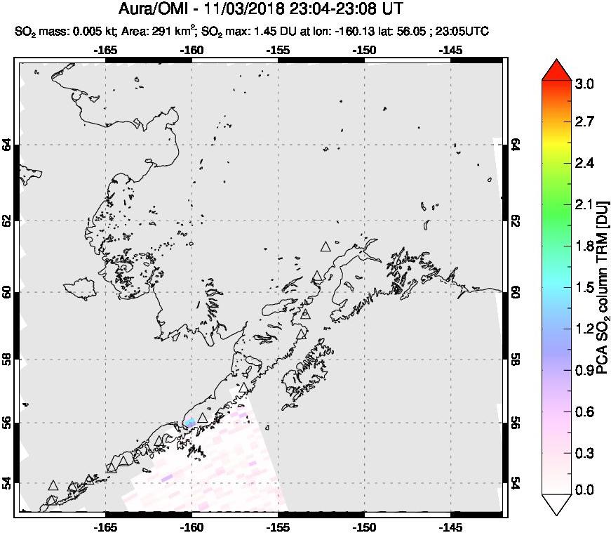 A sulfur dioxide image over Alaska, USA on Nov 03, 2018.