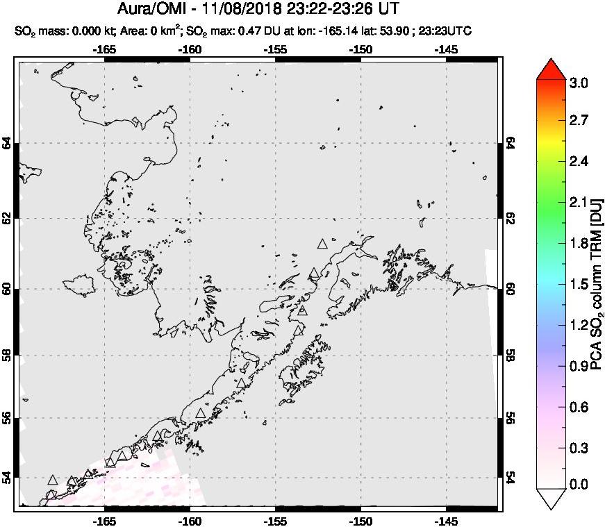 A sulfur dioxide image over Alaska, USA on Nov 08, 2018.
