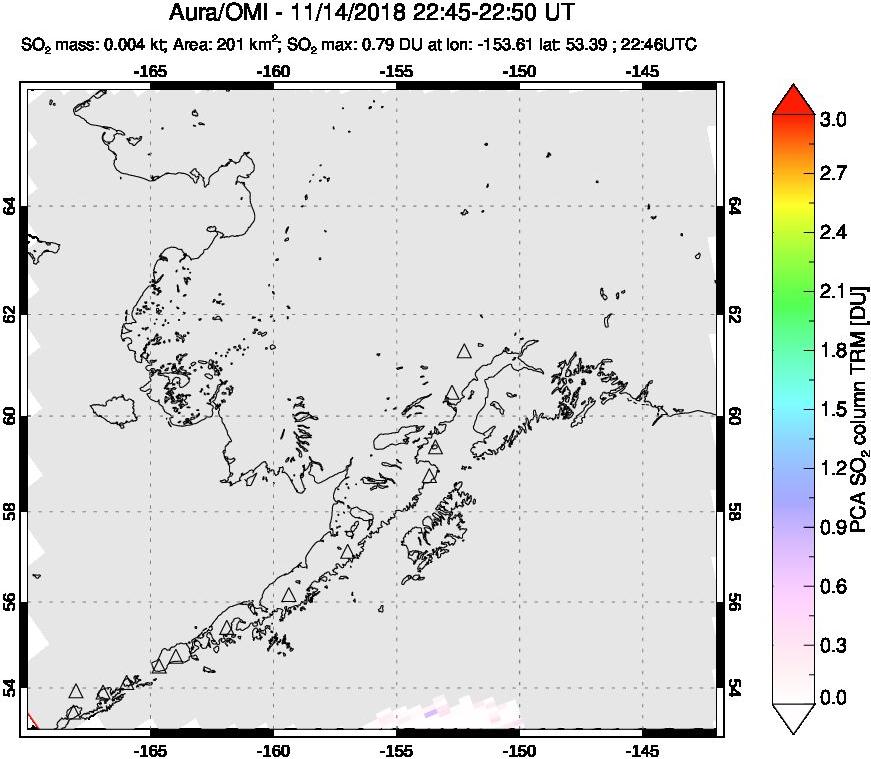 A sulfur dioxide image over Alaska, USA on Nov 14, 2018.