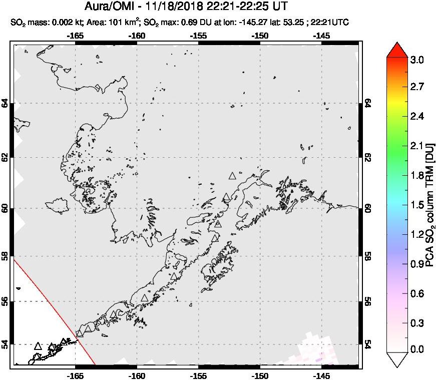 A sulfur dioxide image over Alaska, USA on Nov 18, 2018.