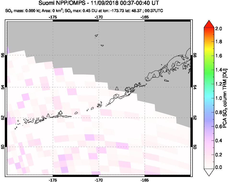 A sulfur dioxide image over Aleutian Islands, Alaska, USA on Nov 09, 2018.