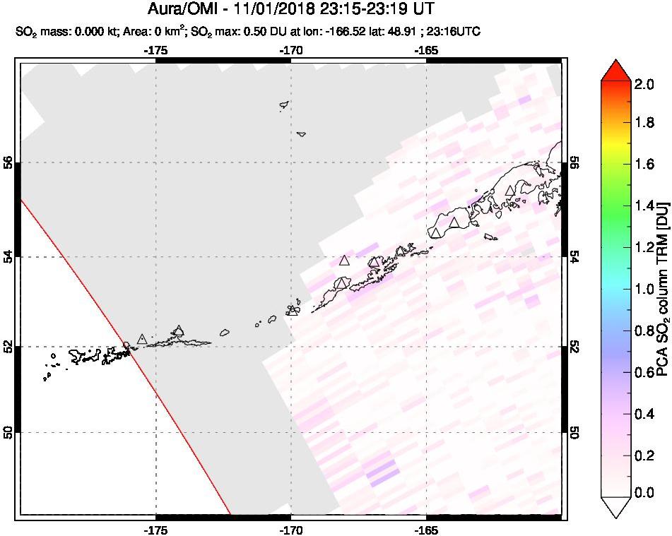 A sulfur dioxide image over Aleutian Islands, Alaska, USA on Nov 01, 2018.