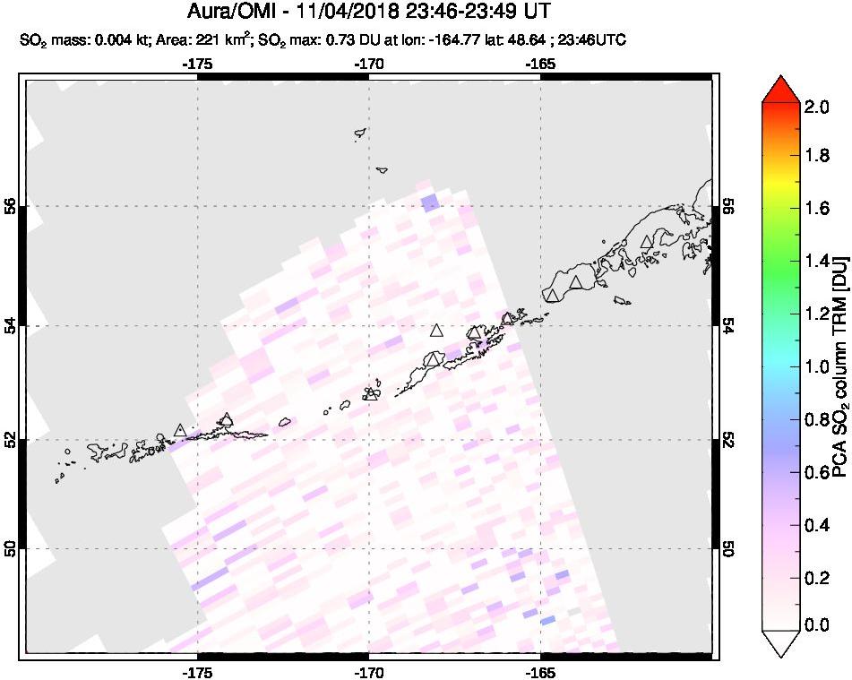 A sulfur dioxide image over Aleutian Islands, Alaska, USA on Nov 04, 2018.