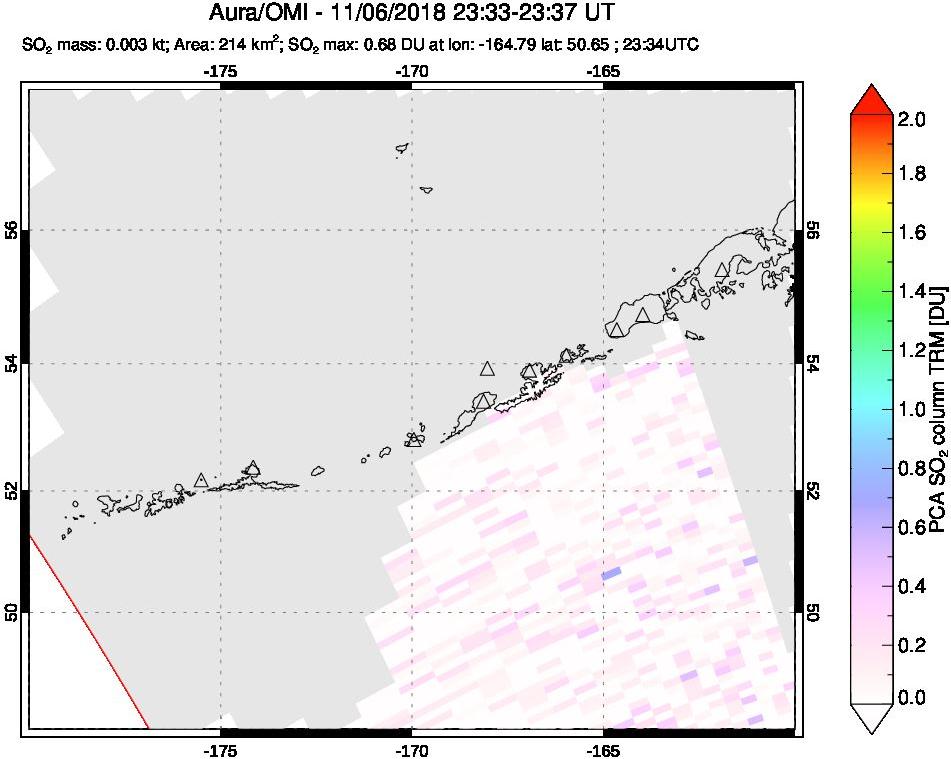 A sulfur dioxide image over Aleutian Islands, Alaska, USA on Nov 06, 2018.