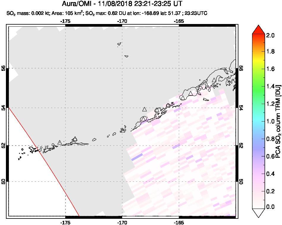 A sulfur dioxide image over Aleutian Islands, Alaska, USA on Nov 08, 2018.