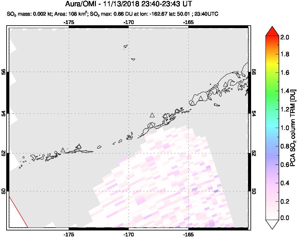 A sulfur dioxide image over Aleutian Islands, Alaska, USA on Nov 13, 2018.