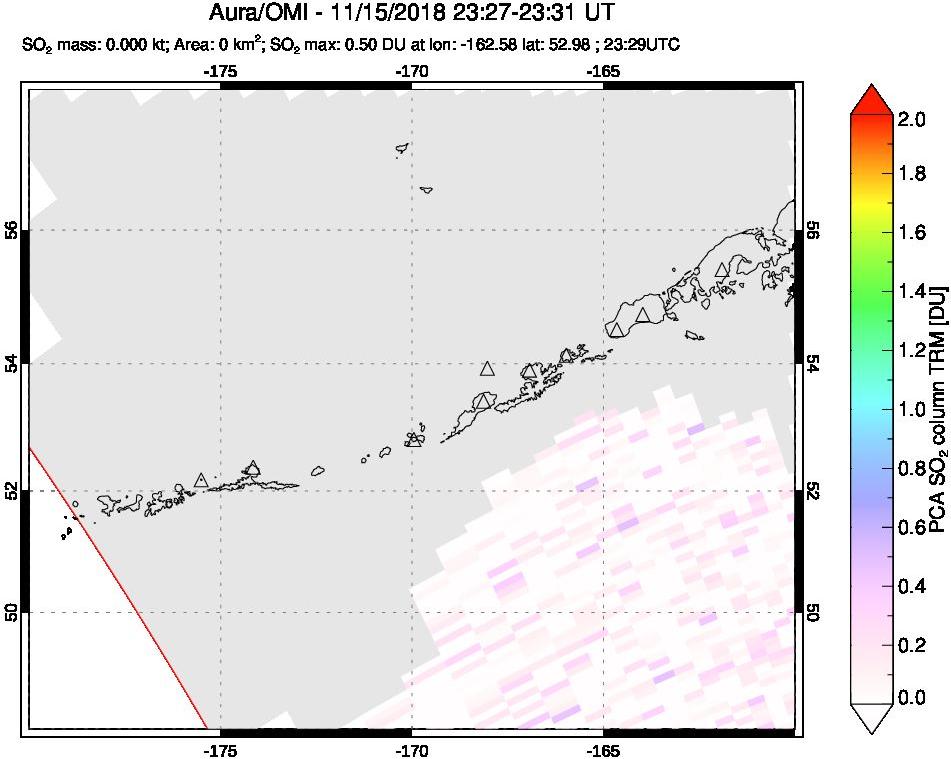 A sulfur dioxide image over Aleutian Islands, Alaska, USA on Nov 15, 2018.
