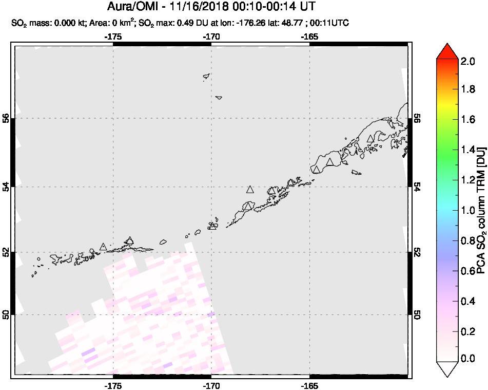 A sulfur dioxide image over Aleutian Islands, Alaska, USA on Nov 16, 2018.