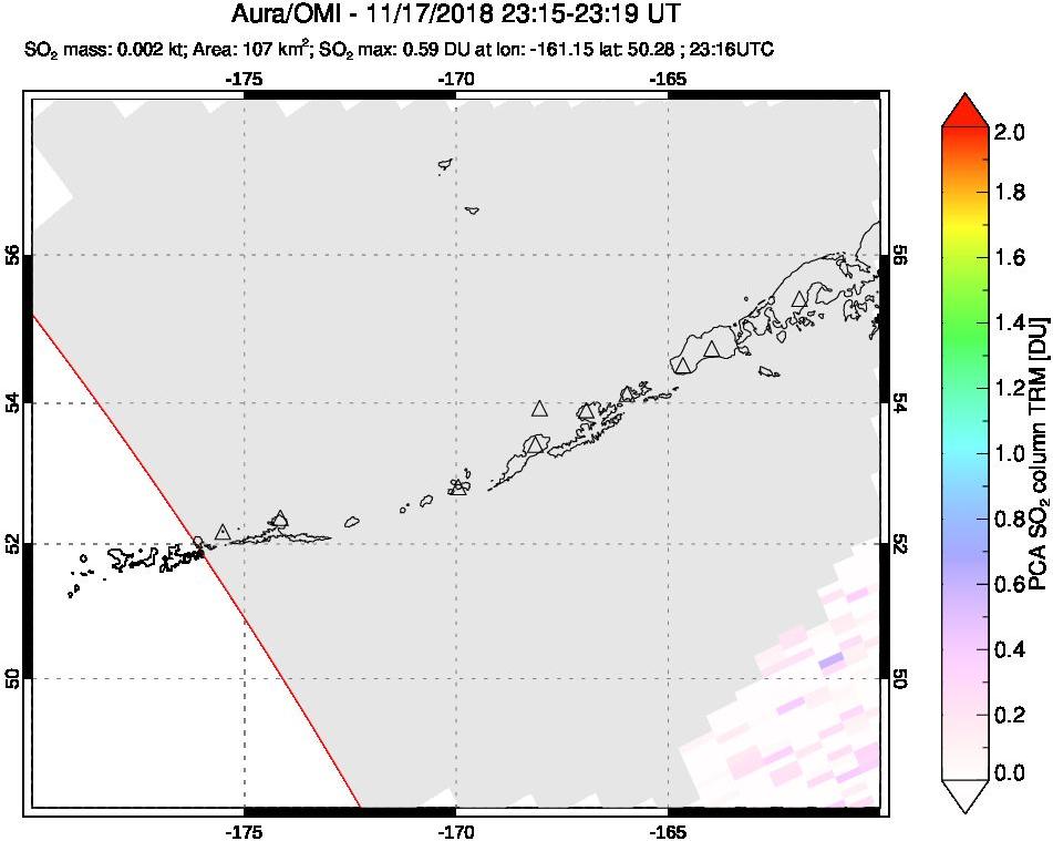 A sulfur dioxide image over Aleutian Islands, Alaska, USA on Nov 17, 2018.