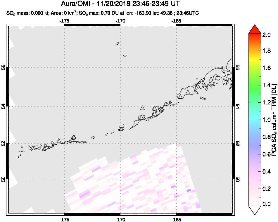 A sulfur dioxide image over Aleutian Islands, Alaska, USA on Nov 20, 2018.