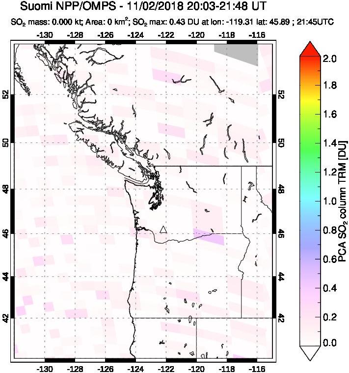 A sulfur dioxide image over Cascade Range, USA on Nov 02, 2018.