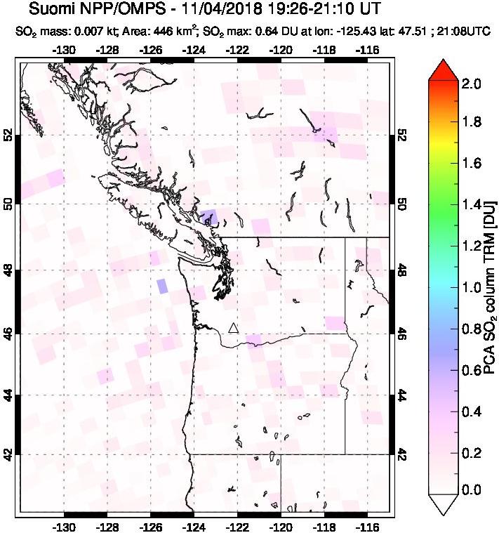 A sulfur dioxide image over Cascade Range, USA on Nov 04, 2018.