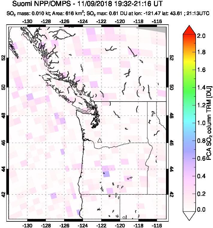 A sulfur dioxide image over Cascade Range, USA on Nov 09, 2018.